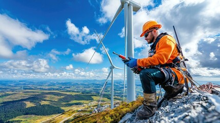 An industrial worker skillfully repairs a towering wind turbine against a brilliant blue sky, showcasing the commitment to renewable energy and the essential work involved in sustainable practices.