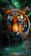 Fototapeta premium A tiger emerges from the water, its green eyes piercing through the dense foliage.