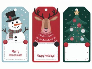 Festive holiday gift tags with snowman, reindeer, and christmas tree designs