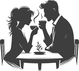 Wedding husband and wife are sitting at the table and drinking coffee silhouette vector design