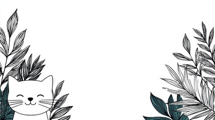 Naklejka premium Cute white cat peeking from behind green leaves.