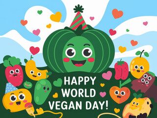 Obraz premium Happy world vegan day: celebrate with joyful cartoon vegetables and fruits