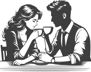 Wedding husband and wife are sitting at the table and drinking coffee silhouette vector design