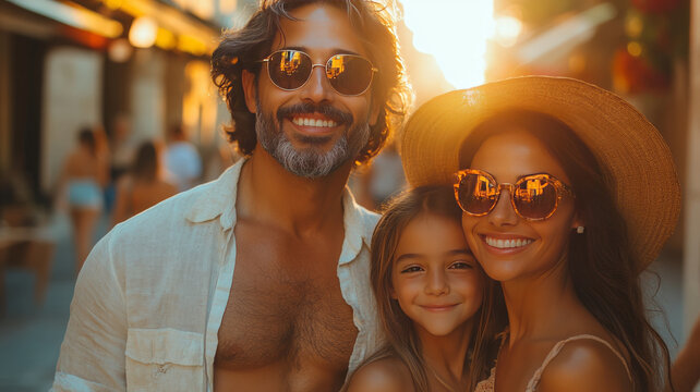 family in paris streets having fun walking in Eiffel Tower city. Summer time.