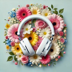 White Headphones Surrounded by Colorful Flowers on Pastel Blue Background – Modern and Artistic Aesthetic