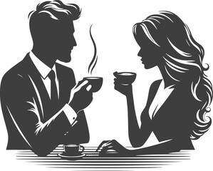 Wedding husband and wife are sitting at the table and drinking coffee silhouette vector design