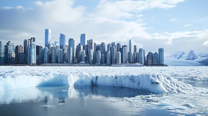 Melting glacier in the foreground with a corporate city skyline in the background, highlighting the impact of industrial growth on climate change 