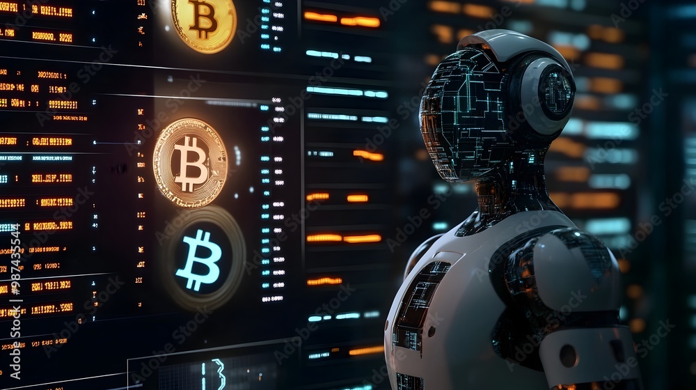 Poster robot equipped with intelligence and machine learning algorithms analyzing cryptocurrency blockchain
