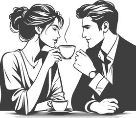 Wedding husband and wife are sitting at the table and drinking coffee silhouette vector design
