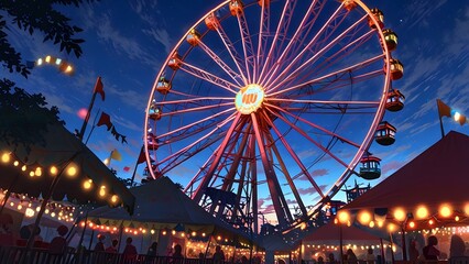 Nighttime Carnival Atmosphere with Glowing Ferris Wheel and Tents