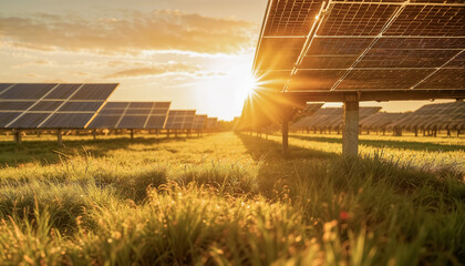Panneaux solaires dans un champ, jolie lumière dorée de fin d'après-midi, vue à ras  du sol 