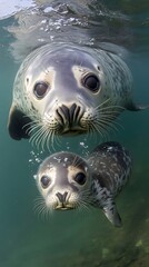 Fototapeta premium Mother Seal Swimming with her Pup, Abstract Image, Texture, Pattern Background, Wallpaper, Cover and Screen for Smartphone, PC, Laptop, 9:16 and 16:9 Format