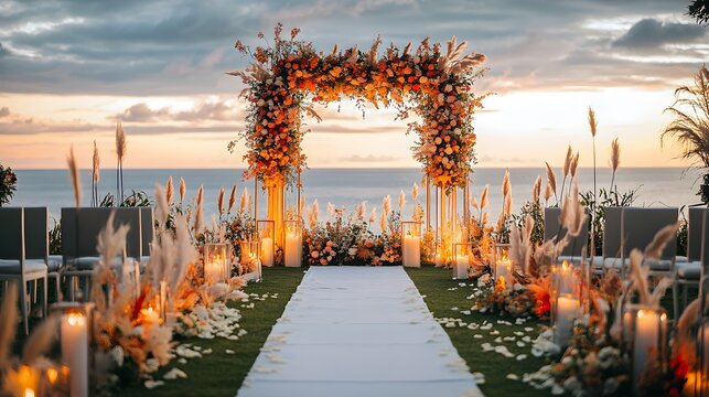 Minimalist wedding arch with sleek lines and subtle decorations, offering a modern and elegant backdrop for a contemporary wedding ceremony 