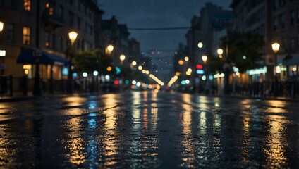 Twilight cityscape with shimmering bokeh lights on rain-slicked streets.