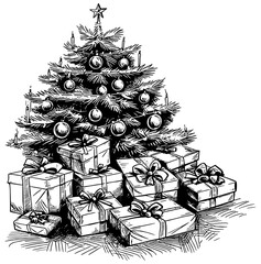 Fototapeta premium Christmas tree with gifts illustration, in black, isolated 