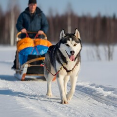 A Siberian Husky pulling a sled through a snowy landscape