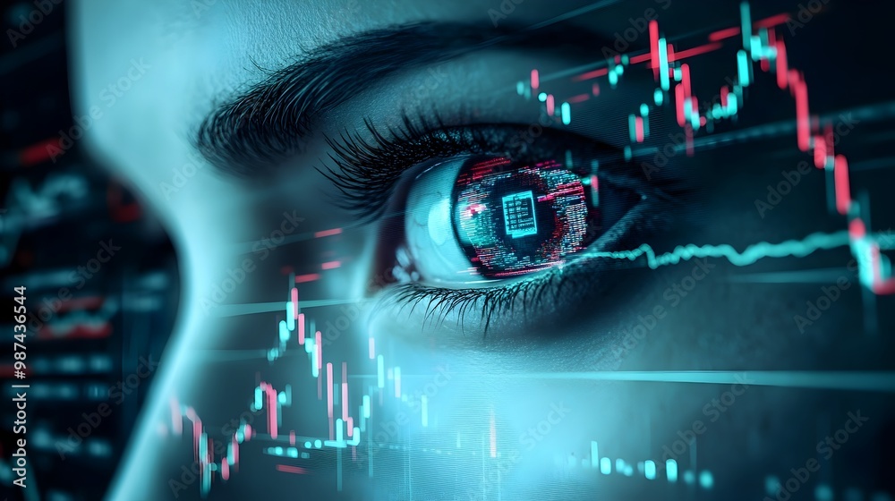 Poster robotic eyes with advanced sensors and algorithms closely observing and analyzing real time market d