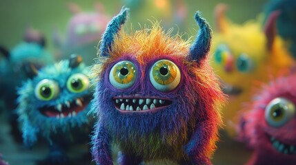 Naklejka premium Friendly little monsters in bright colors, creating an imaginative, fun-filled world of childhood wonder.