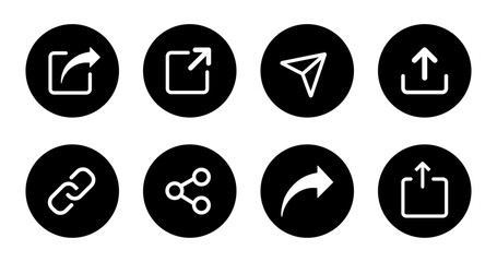 Share icon buttons set in black circle. Share icon button set isolated on white background. Share icon button in flat design. Vector illustration.