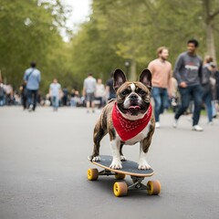 A French Bulldog riding a skateboard in a quiet forest.