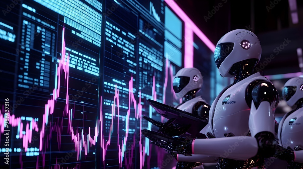 Poster robotic surrounded by neon lit graphs of fluctuating prices utilizing advanced and machine learning 