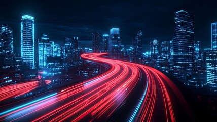 3d rendering cityscape with red and light blue light trail on curve road. Concept city, downtown district, town at night with bright neon light. generative ai