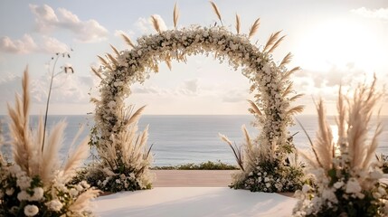 Modern wedding arch with a minimalist aesthetic, characterized by its understated elegance and refined simplicity, ideal for a stylish wedding backdrop 