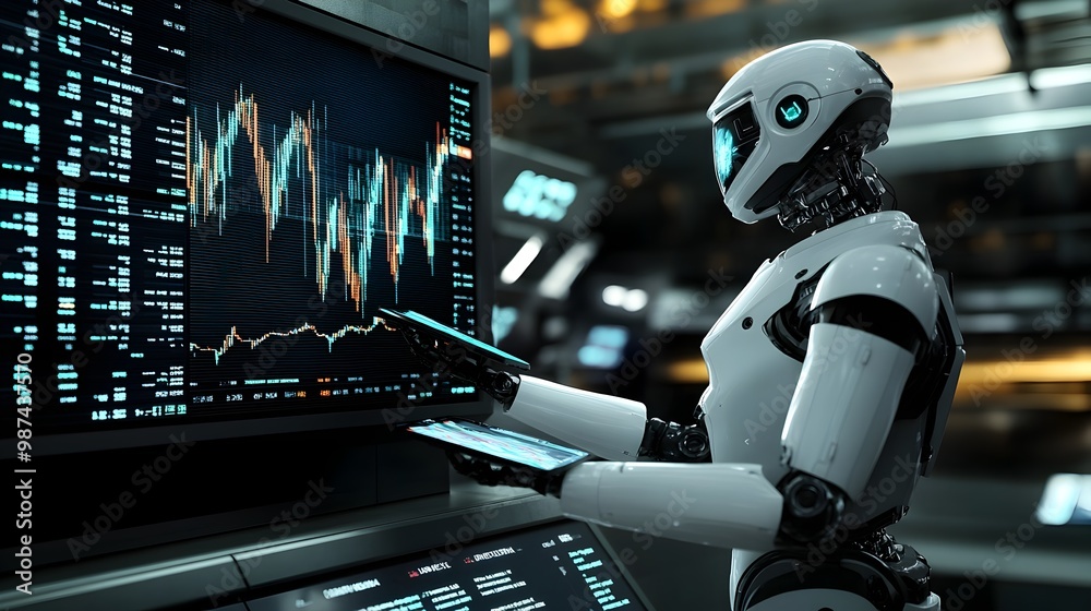Poster robotic trader using advanced and digital tools to manage trades and investments in a high tech futu