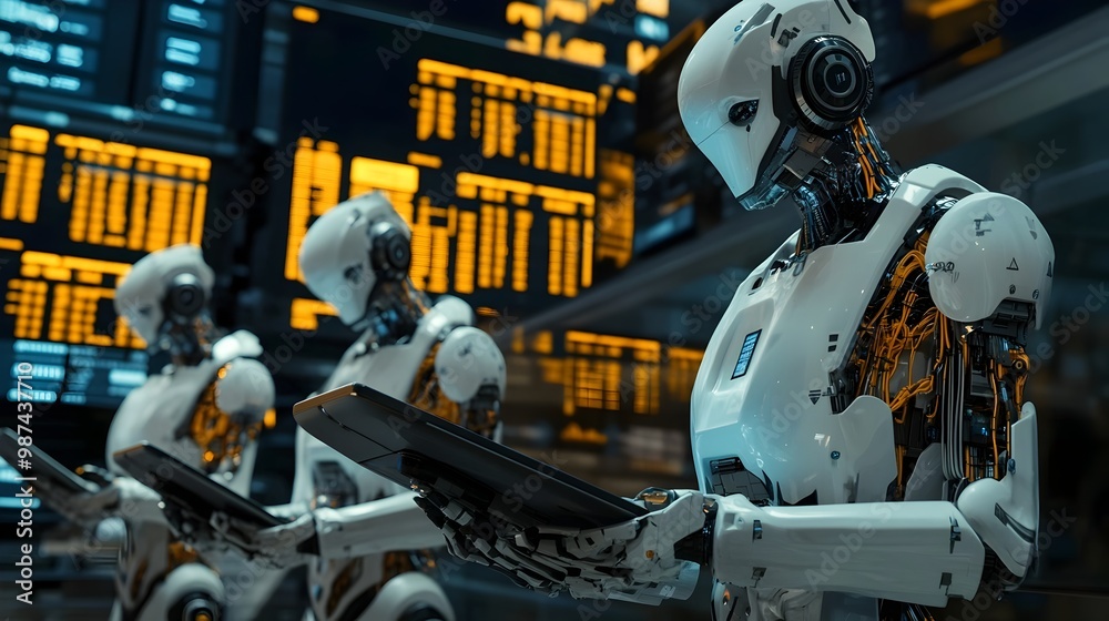 Poster robotic traders utilizing advanced tablet computers in a highly technological and futuristic market 