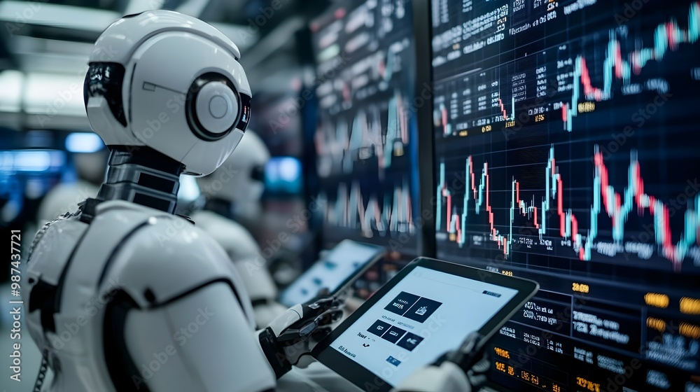 Poster robotic traders utilizing advanced tablet computers in a futuristic digitally transformed market env