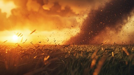 Majestic Sunset Tornado Over Vibrant Wheat Field