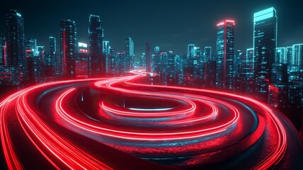 3d rendering cityscape with red and light blue light trail on curve road. Concept city, downtown district, town at night with bright neon light. generative ai