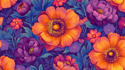 A seamless flower pattern design, with detailed floral motifs repeating in vibrant colors, perfect for textiles or wallpapers
