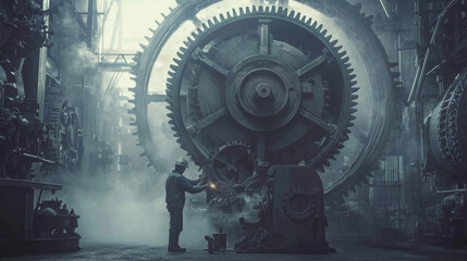 A man is working on a large machine in a factory