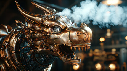 Fototapeta premium A gold dragon with a mechanical mouth and a large horn on its head