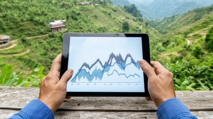 A businessman is focused on an iPad, examining graphs and tables, while vibrant green mountains are visible through the window in daylight.