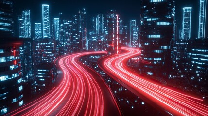 Fototapeta premium 3d rendering cityscape with red and light blue light trail on curve road. Concept city, downtown district, town at night with bright neon light. generative ai