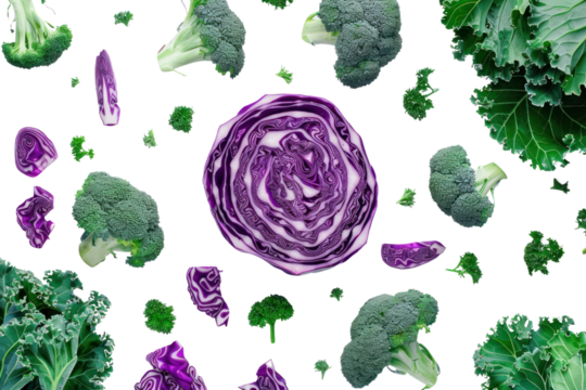 Modern purple cabbage, broccoli and kale. on a white background Show geometric shapes