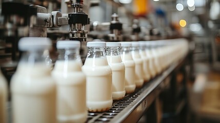 filling line for milk bottles in a dairy production plant, showcasing the automated process of packaging and manufacturing in a modern dairy factory