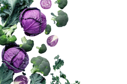 Modern purple cabbage, broccoli and kale. on a white background Show geometric shapes