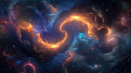 Twisting 3D cosmic ribbons of light swirling through a galaxy of stars and distant planets.