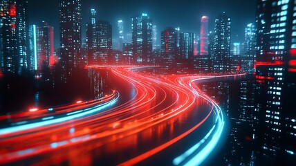 3d rendering cityscape with red and light blue light trail on curve road. Concept city, downtown district, town at night with bright neon light. generative ai