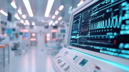 Naklejka premium A close-up of a medical monitor displaying vital signs in a bright, modern hospital environment.