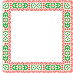 Vector red green square belarusian national ornament frame. Ethnic pattern rectangle of Slavic peoples, Russian, Ukrainian, Serb, Pole, Bulgarian. Cross stitch template