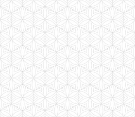 Delicate vector geometric seamless pattern with floral silhouettes, leaves, hexagonal grid, thin curved lines. Light gray and white minimal abstract texture. Subtle background. Repeated geo design