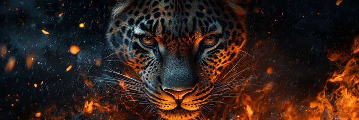 Fierce leopard with burning eyes stares intensely.
