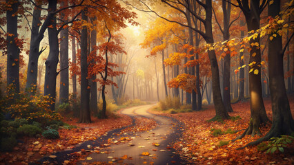 Misty autumn forest path with vibrant fall foliage