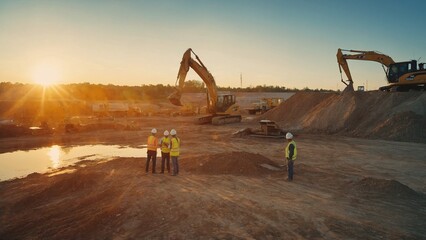 Aerial Drone Shot Of Construction Site With Excavators On Sunny Day: Diverse Team of Real Estate Developers Discussing Project. Civil Engineer, Architect, Inspector Talking And Using Tablet Computer.