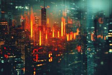 Naklejka premium Abstract falling candlestick forex graph and dollar on blurry city wallpaper. Crisis and finance concept. generative ai