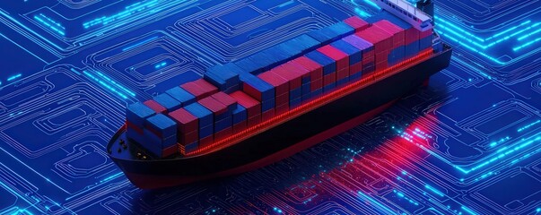 Fototapeta premium A futuristic cargo ship illuminated against a digital grid backdrop, symbolizing technology and innovation in maritime logistics, Transport and logistic concept.